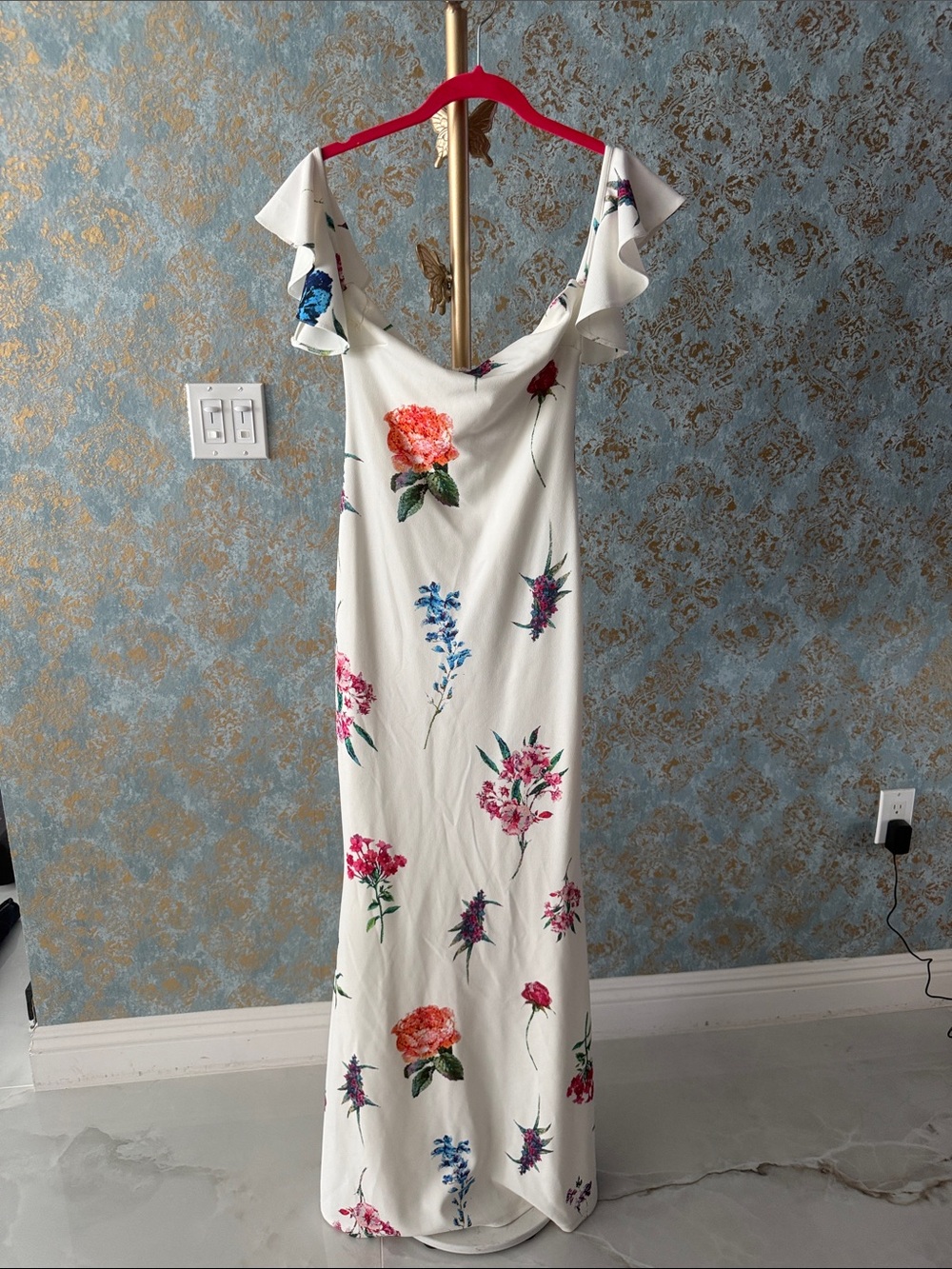 White Floral Ruffle-Sleeve Maxi Dress
